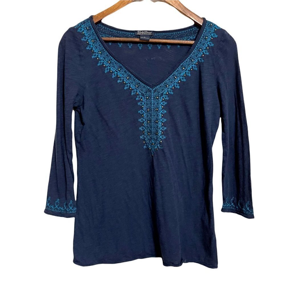 Lucky Brand Women's Blue Southwestern Embroidered Embellished 3/4 Blouse Medium